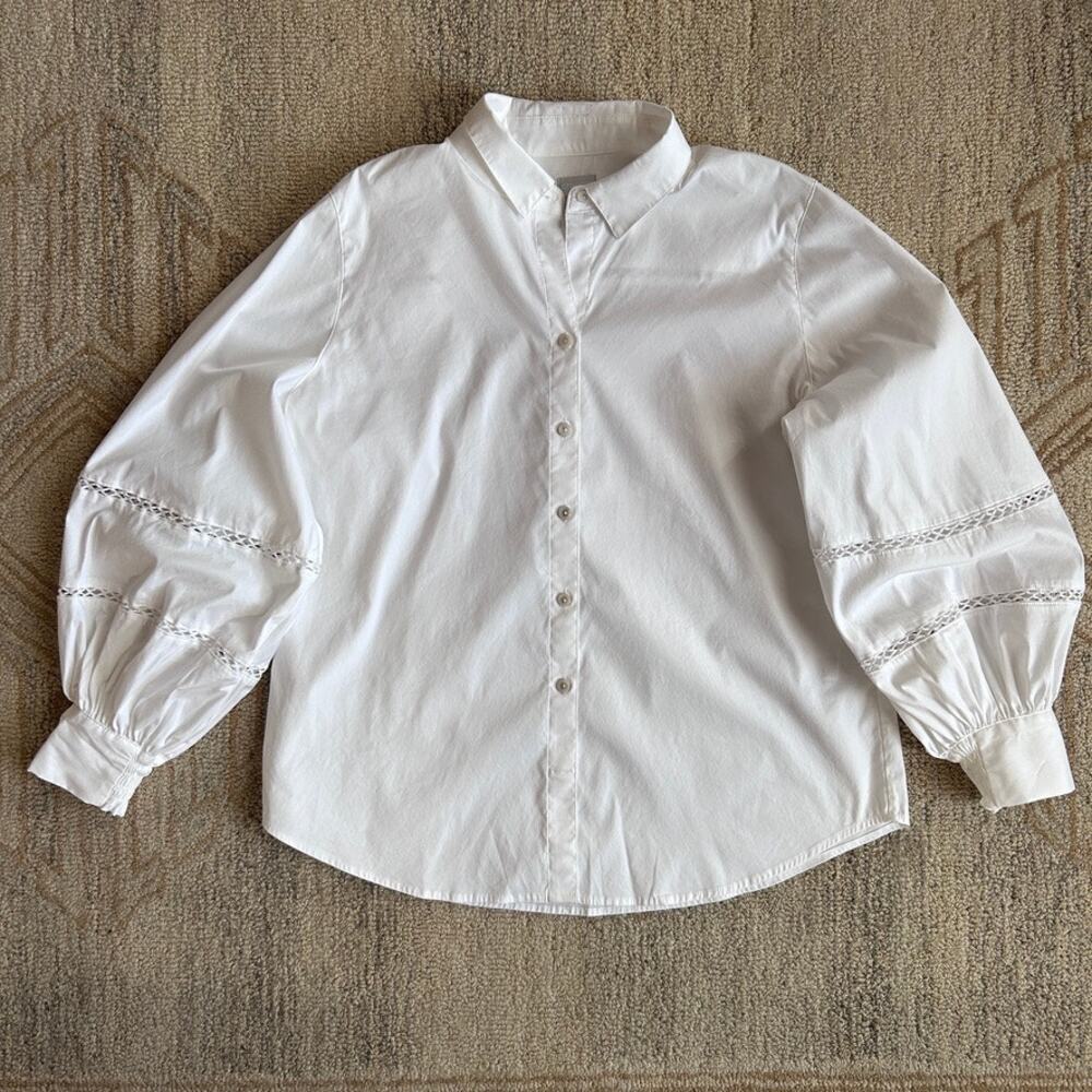 Prairie Cotton Button Down Blouse Lace Trim Balloon Sleeve Oversized Chico's 2